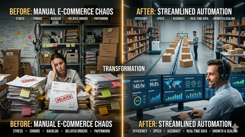Comparison of manual ecommerce operations versus automated backend systems showing improved efficiency, scalability, and business growth.