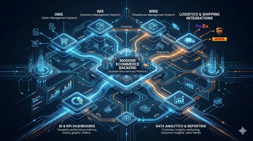Connected ecommerce backend system showing OMS, inventory, logistics, and KPI tracking integrated for scalable operations.