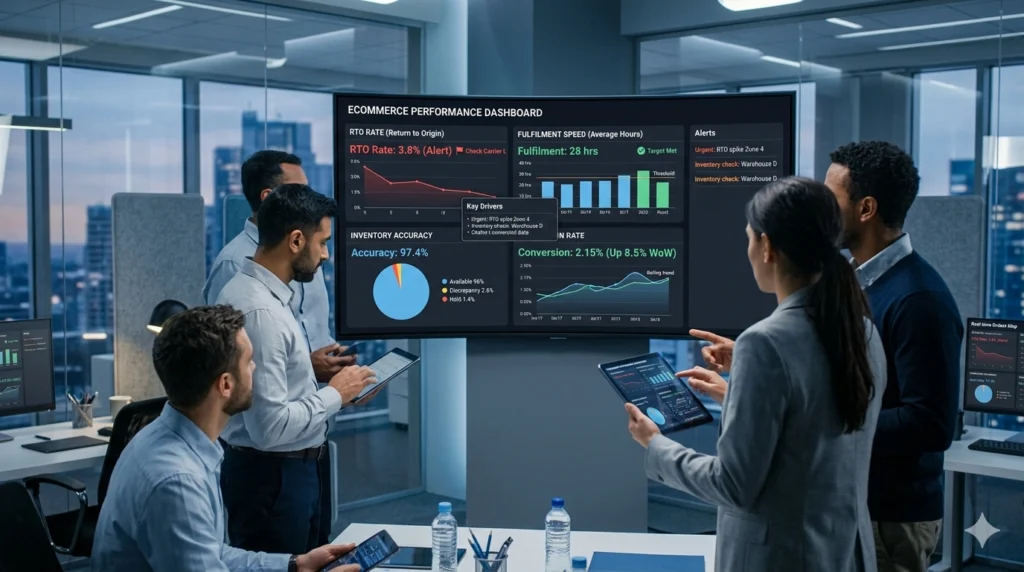 Ecommerce KPI dashboard showing real-time performance metrics enabling data-driven business decisions.