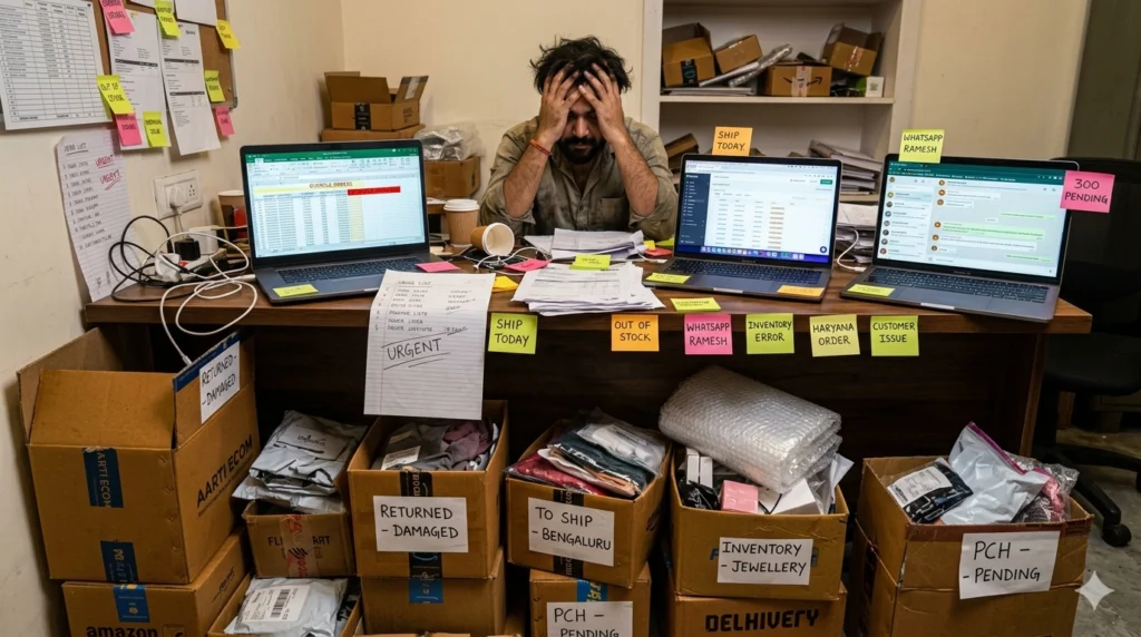 Ecommerce founder overwhelmed with manual order tracking, spreadsheets, and inventory chaos showing operational breakdown during rapid business growth.
