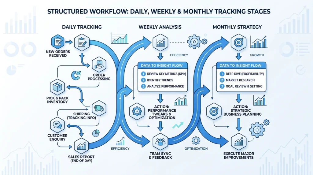 Ecommerce tracking workflow showing data insight and action system for performance optimization