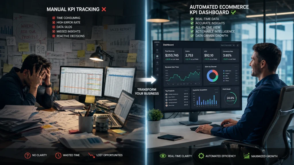 Split-screen visual showing chaos vs clarity in ecommerce KPI management